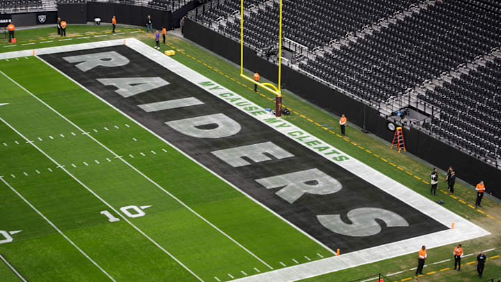 Dec 10, 2023; Paradise, Nevada, USA; The Las Vegas Raiders logo in the end zone with the words \"My Cause My Cleats\" at Allegiant Stadium. Mandatory Credit: Kirby Lee-Imagn Images