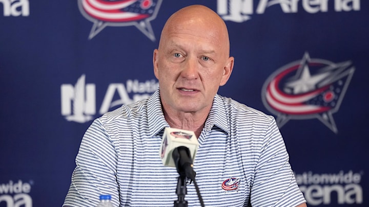 Jul 1, 2023; Columbus, OH, USA; Columbus Blue Jackets General Manager Jarmo Kekalainen speaks after