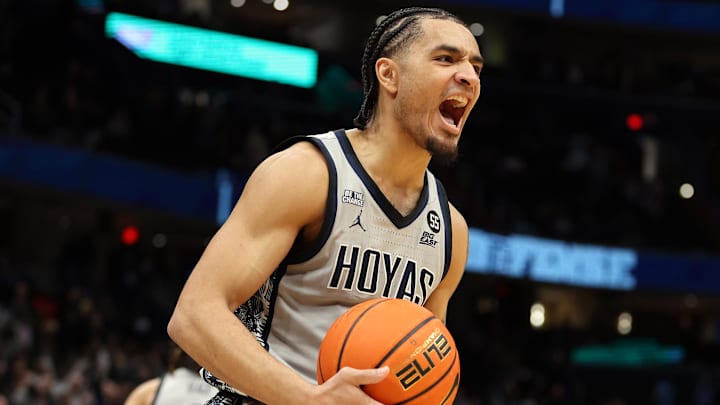 Mar 4, 2025; Washington, District of Columbia, USA; Georgetown Hoyas guard Micah Peavy (5) celebrates during the second half against the Villanova Wildcats at Capital One Arena. Mandatory Credit: Daniel Kucin Jr.-Imagn Images