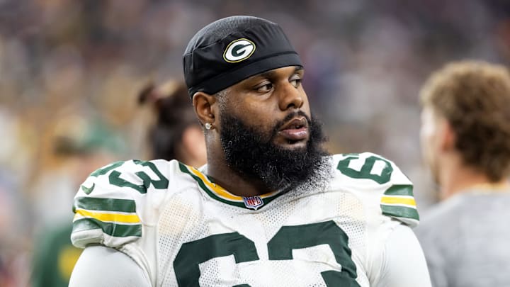 Oct 19, 2025; Glendale, Arizona, USA; Green Bay Packers tackle Rasheed Walker (63) against the Arizona Cardinals at State Farm Stadium. Mandatory Credit: Mark J. Rebilas-Imagn Images
