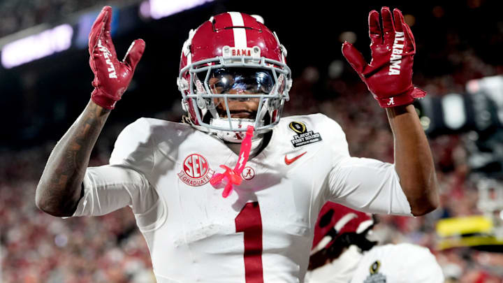 Alabama 's Isaiah Horton (1) celebrates an Alabama touchdown during the College Football Playoff game between the University of Oklahoma Sooners (OU) and the Alabama Crimson Tide at the Gaylord Family - Oklahoma Memorial Stadium in Norman, Okla., Friday Dec. 19, 2025.