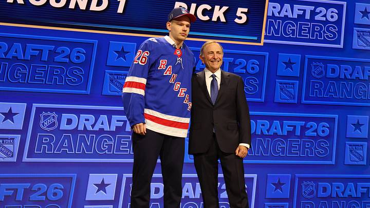 Jun 26, 2026; Buffalo, New York, USA; Alberts Smits reacts beside NHL commissioner Gary Bettman after being selected with the fifth pick in the first round of the 2026 NHL Draft by the New York Rangers at KeyBank Center. Jun 26, 2026; Buffalo, New York, USA; Alberts Smits reacts beside NHL commissioner Gary Bettman after being selected with the fifth pick in the first round of the 2026 NHL Draft by the New York Rangers at KeyBank Center.