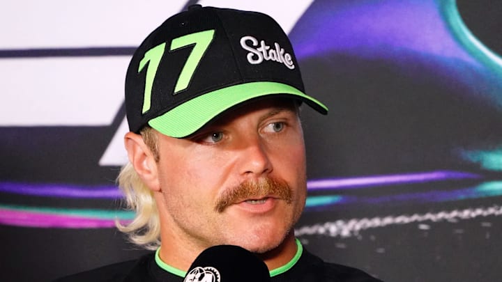 May 2, 2024; Miami Gardens, Florida, USA;  Kick Sauber driver Valtteri Bottas (77) addresses the media in advance of the Miami Grand Prix at the Miami International Autodrome. Mandatory Credit: John David Mercer-USA TODAY Sports