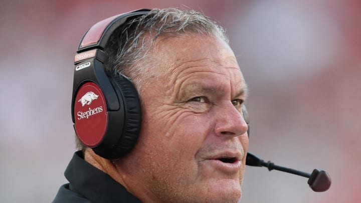 Arkansas Razorbacks coach Sam Pittman during the first quarter against the BYU Cougars at Razorback Stadium.