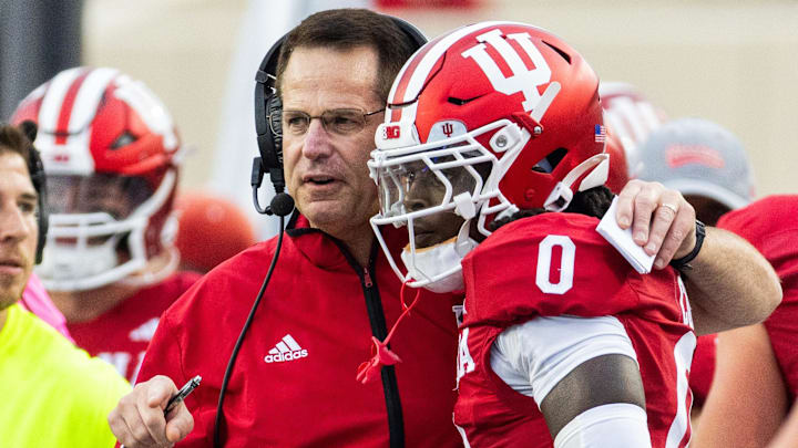 Indiana Hoosiers coach Curt Cignetti talks with wide receiver Andison Coby (0) against Western Illinois at Memorial Stadium. 