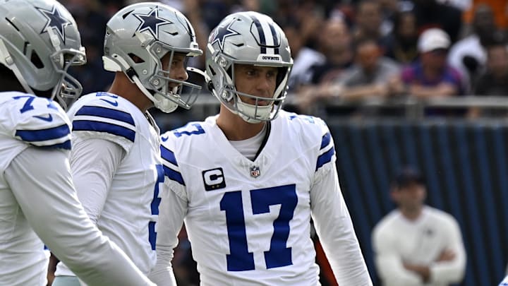 Dallas Cowboys kicker Brandon Aubrey reacts after making a field goal against the Chicago Bears at Soldier Field. 