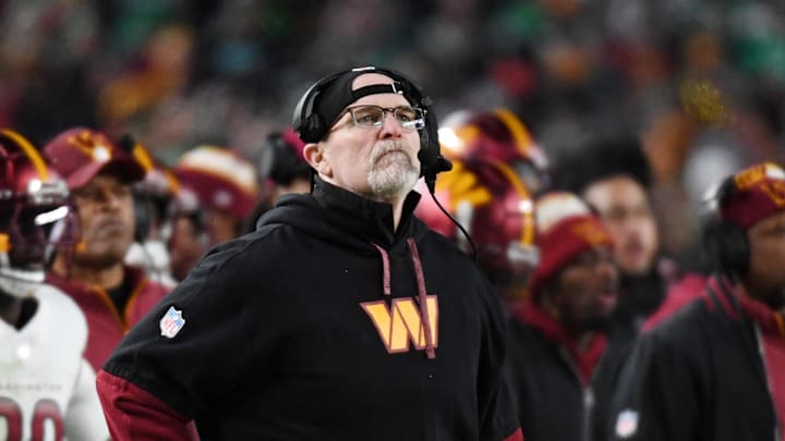 Jan 26, 2025; Philadelphia, PA, USA; Washington Commanders head coach Dan Quinn looks on Philadelphia Eaglesduring the second half in the NFC Championship game at Lincoln Financial Field. Mandatory Credit: Eric Hartline-Imagn Images