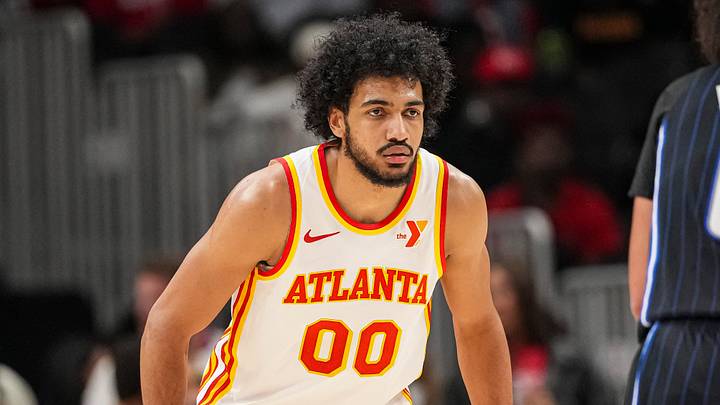 Atlanta Hawks forward Jacob Toppin (00) on the court during the game against the Orlando Magic during the second half at State Farm Arena on Apr 13, 2025 Atlanta Hawks forward Jacob Toppin (00) on the court during the game against the Orlando Magic during the second half at State Farm Arena on Apr 13, 2025