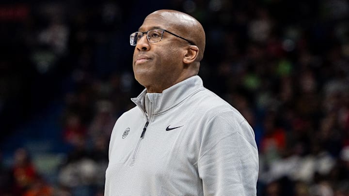 Dec 29, 2025; New Orleans, Louisiana, USA;  New York Knicks Head Coach Mike Brown looks on against the New Orleans Pelicans during the first half at Smoothie King Center.