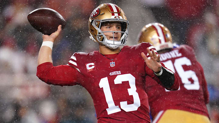 Dec 12, 2024; Santa Clara, California, USA; San Francisco 49ers quarterback Brock Purdy (13) throws a pass against the Los Angeles Rams in the second quarter at Levi's Stadium. Mandatory Credit: Cary Edmondson-Imagn Images Dec 12, 2024; Santa Clara, California, USA; San Francisco 49ers quarterback Brock Purdy (13) throws a pass against the Los Angeles Rams in the second quarter at Levi's Stadium. Mandatory Credit: Cary Edmondson-Imagn Images