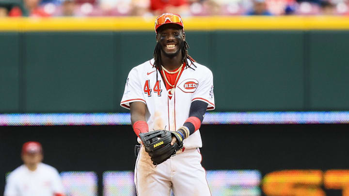 Apr 2, 2025; Cincinnati, Ohio, USA; Cincinnati Reds shortstop Elly De La Cruz (44) reacts after a play in the eighth inning against the Texas Rangers at Great American Ball Park. Mandatory Credit: Katie Stratman-Imagn Images Apr 2, 2025; Cincinnati, Ohio, USA; Cincinnati Reds shortstop Elly De La Cruz (44) reacts after a play in the eighth inning against the Texas Rangers at Great American Ball Park. Mandatory Credit: Katie Stratman-Imagn Images