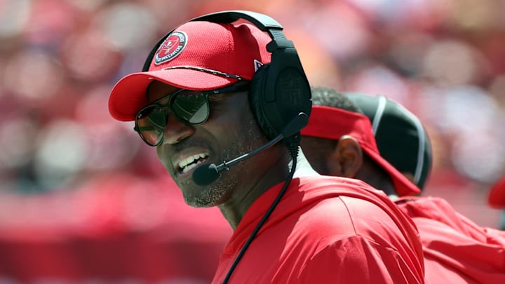 Sep 22, 2024; Tampa, Florida, USA; Tampa Bay Buccaneers head coach Todd Bowles looks on against the Denver Broncos during the first quarter at Raymond James Stadium. Mandatory Credit: Kim Klement Neitzel-Imagn Images