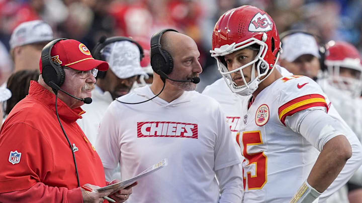 Nov 24, 2024; Charlotte, North Carolina, USA; Kansas City Chiefs head coach Andy Reid talks with quarterback Patrick Mahomes (15) during a time out during the second half against the Carolina Panthers at Bank of America Stadium. Mandatory Credit: Jim Dedmon-Imagn Images Nov 24, 2024; Charlotte, North Carolina, USA; Kansas City Chiefs head coach Andy Reid talks with quarterback Patrick Mahomes (15) during a time out during the second half against the Carolina Panthers at Bank of America Stadium. Mandatory Credit: Jim Dedmon-Imagn Images