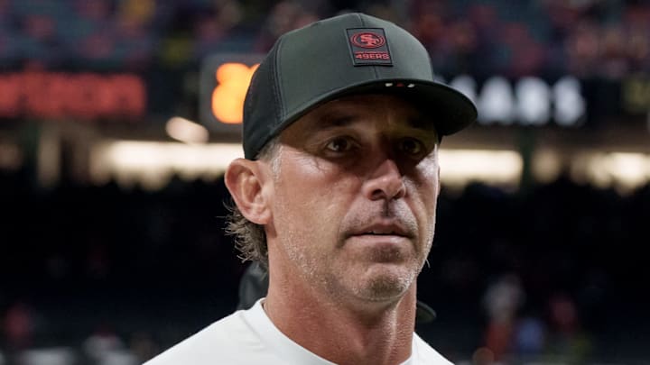 Sep 14, 2025; New Orleans, Louisiana, USA; San Francisco 49ers head coach Kyle Shanahan leaves the field at the end of game against the New Orleans Saints at Caesars Superdome. Mandatory Credit: Matthew Hinton-Imagn Images