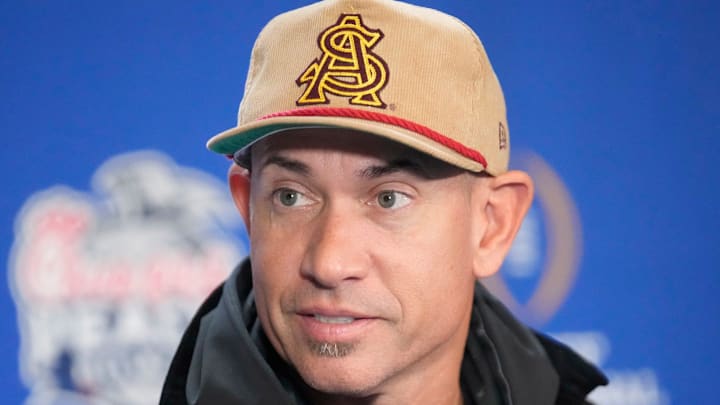 Arizona State offensive coordinator Marcus Arroyo answers questions during media day for the Chick-fil-A Peach Bowl in Atlanta on Monday, Dec. 30, 2024.