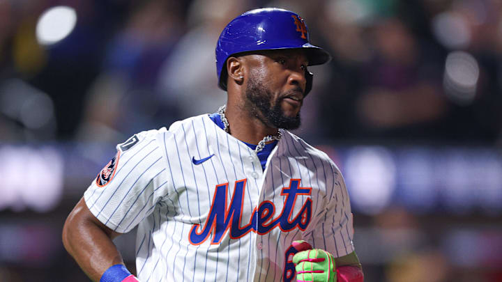 Sep 17, 2025; New York City, New York, USA; New York Mets designated hitter Starling Marte (6) runs the bases after hitting a solo home run during the fourth inning against the San Diego Padres at Citi Field. Mandatory Credit: Vincent Carchietta-Imagn Images