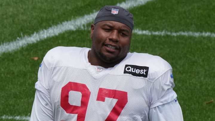 Florham Park, NJ -- August 21, 2024 -- Giants defensive lineman Dexter Lawrence III before practice. The New York Giants came to the Atlantic Health Jets Training Center in Florham Park, New Jersey to take part in a joint practice with the New York Jets.