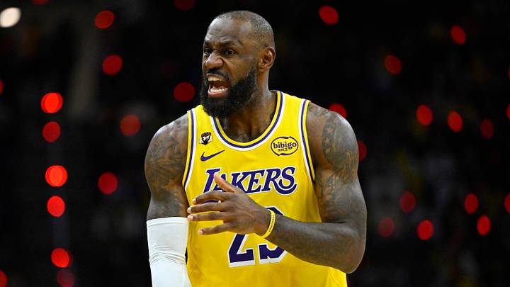 Jan 28, 2026; Cleveland, Ohio, USA; Los Angeles Lakers forward LeBron James (23) reacts in the third quarter against the Cleveland Cavaliers at Rocket Arena. Mandatory Credit: David Richard-Imagn Images