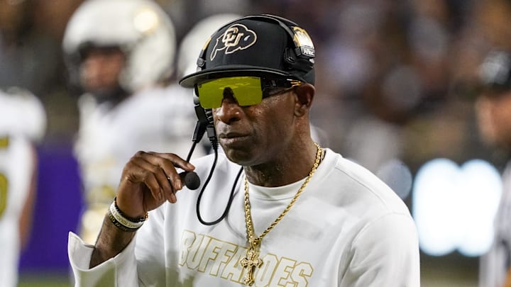 Oct 4, 2025; Fort Worth, Texas, USA; Colorado Buffaloes head coach Deion Sanders on the sidelines during the first half against the TCU Horned Frogs at Amon G. Carter Stadium. Mandatory Credit: Raymond Carlin III-Imagn Images