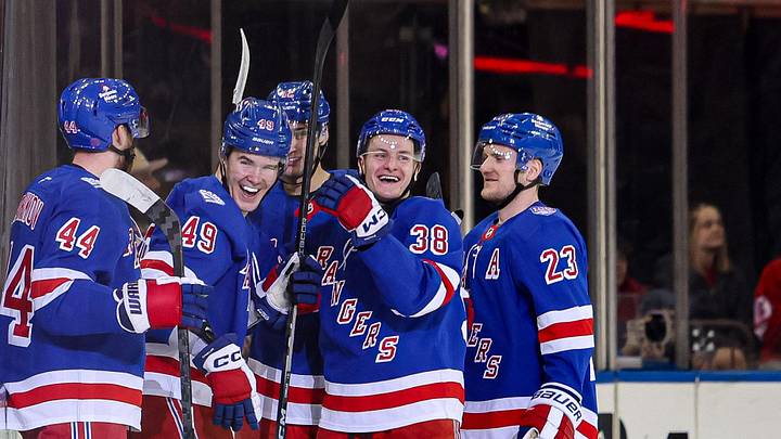 Apr 4, 2026; New York, New York, USA; New York Rangers right wing Jaroslav Chmelar (49) celebrates his goal against the Detroit Red Wings during the first period at Madison Square Garden. Apr 4, 2026; New York, New York, USA; New York Rangers right wing Jaroslav Chmelar (49) celebrates his goal against the Detroit Red Wings during the first period at Madison Square Garden.