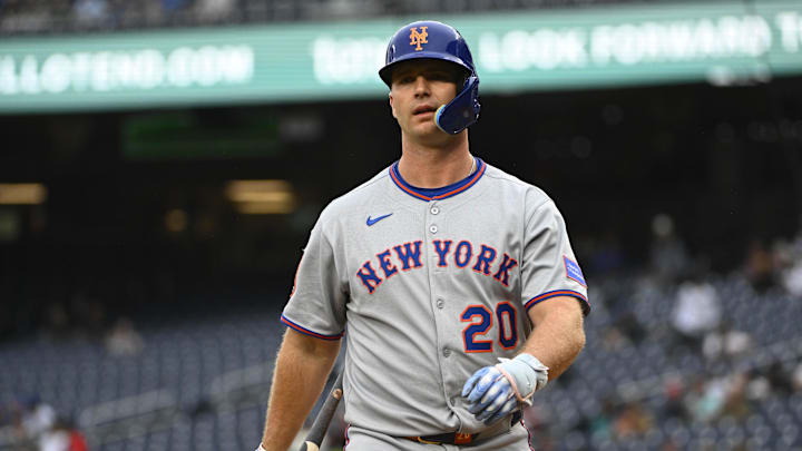 Aug 21, 2025; Washington, District of Columbia, USA; New York Mets first baseman Pete Alonso (20) reacts after striking out against the Washington Nationals during the first inning at Nationals Park. Mandatory Credit: Brad Mills-Imagn Images Aug 21, 2025; Washington, District of Columbia, USA; New York Mets first baseman Pete Alonso (20) reacts after striking out against the Washington Nationals during the first inning at Nationals Park. Mandatory Credit: Brad Mills-Imagn Images