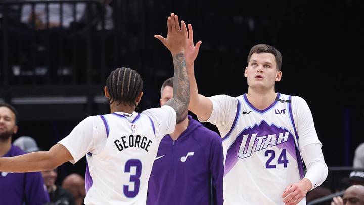 Oct 29, 2025; Salt Lake City, Utah, USA; Utah Jazz guard Keyonte George (3) and center Walker Kessler (24) react to a play against the Portland Trail Blazers during the first quarter at Delta Center. Mandatory Credit: Rob Gray-Imagn Images Oct 29, 2025; Salt Lake City, Utah, USA; Utah Jazz guard Keyonte George (3) and center Walker Kessler (24) react to a play against the Portland Trail Blazers during the first quarter at Delta Center. Mandatory Credit: Rob Gray-Imagn Images