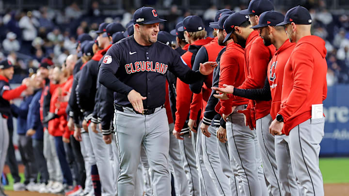 Oct 14, 2024; Bronx, New York, USA; Cleveland Guardians manager Stephen Vogt is introduced before playing against the New York Yankees game one of the ALCS for the 2024 MLB Playoffs at Yankee Stadium. Mandatory Credit: Brad Penner-Imagn Images