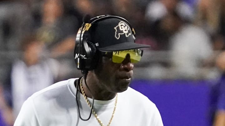 Oct 4, 2025; Fort Worth, Texas, USA; Colorado Buffaloes head coach Deion Sanders on the sidelines during the first half against the TCU Horned Frogs at Amon G. Carter Stadium. Mandatory Credit: Raymond Carlin III-Imagn Images