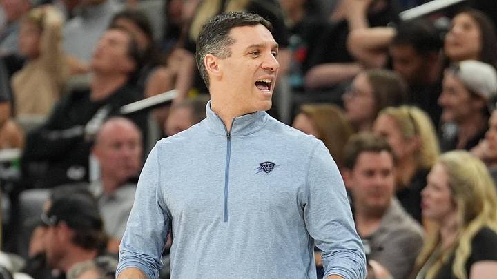 May 24, 2026; San Antonio, Texas, USA; Oklahoma City Thunder head coach Mark Daigneault reacts in the fourth quarter against the San Antonio Spurs during game four of the western conference finals for the 2026 NBA playoffs at Frost Bank Center. Mandatory Credit: Daniel Dunn-Imagn Images