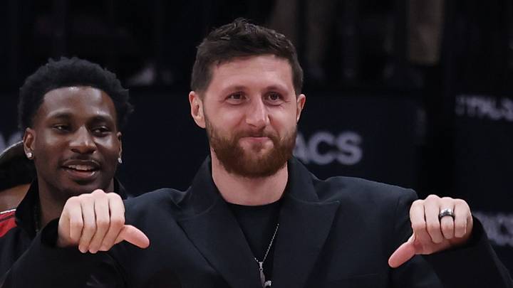 Apr 10, 2026; Salt Lake City, Utah, USA; Utah Jazz center Jusuf Nurkic (left) and forward Kevin Love (right) react to a play against the Memphis Grizzlies during the first half at Delta Center. Mandatory Credit: Rob Gray-Imagn Images Apr 10, 2026; Salt Lake City, Utah, USA; Utah Jazz center Jusuf Nurkic (left) and forward Kevin Love (right) react to a play against the Memphis Grizzlies during the first half at Delta Center. Mandatory Credit: Rob Gray-Imagn Images