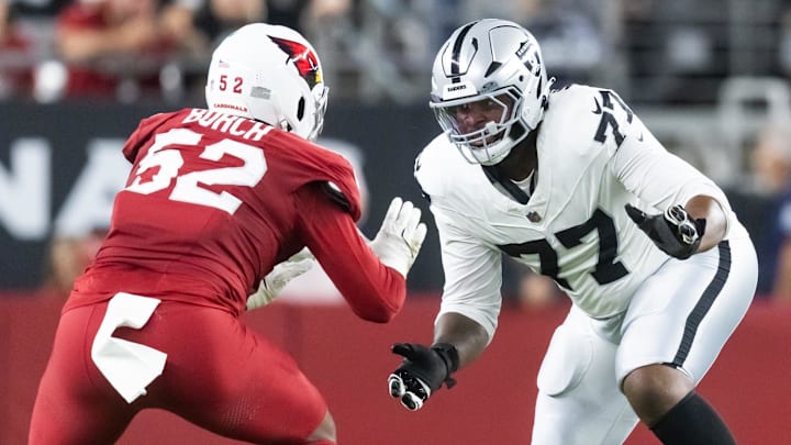 Aug 23, 2025; Glendale, Arizona, USA; Las Vegas Raiders tackle Thayer Munford Jr. (77) against Arizona Cardinals linebacker Jordan Burch (52) during a preseason NFL game at State Farm Stadium. Mandatory Credit: Mark J. Rebilas-Imagn Images Aug 23, 2025; Glendale, Arizona, USA; Las Vegas Raiders tackle Thayer Munford Jr. (77) against Arizona Cardinals linebacker Jordan Burch (52) during a preseason NFL game at State Farm Stadium. Mandatory Credit: Mark J. Rebilas-Imagn Images