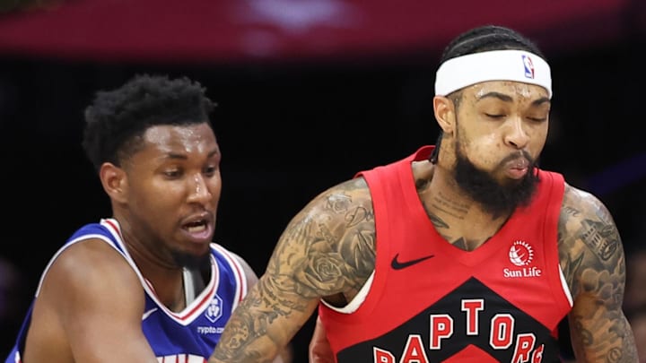 Toronto Raptors forward Brandon Ingram dribbles against Philadelphia 76ers forward Justin Edwards.