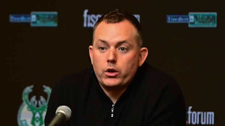 Milwaukee Bucks general manager Jon Horst addresses the media after head coach Adrian Griffin (not pictured) was dismissed at Fiserv Forum on January 24, 2024. Milwaukee Bucks general manager Jon Horst addresses the media after head coach Adrian Griffin (not pictured) was dismissed at Fiserv Forum on January 24, 2024.