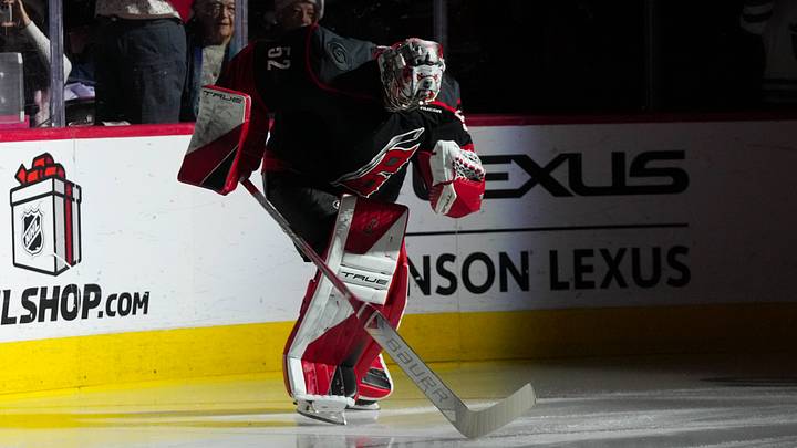 Dec 7, 2025; Raleigh, North Carolina, USA;  Carolina Hurricanes goaltender Pyotr Kochetkov (52) comes out onto the ice for the start of the game against the San Jose Sharks at Lenovo Center. Mandatory Credit: James Guillory-Imagn Images
