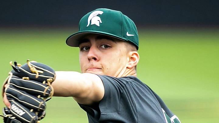 Michigan State's Nolan Higgins delivers a pitch during a NCAA Big Ten Conference baseball game against Iowa, Saturday, May 13, 2023, at Duane Banks Field in Iowa City, Iowa. Michigan State's Nolan Higgins delivers a pitch during a NCAA Big Ten Conference baseball game against Iowa, Saturday, May 13, 2023, at Duane Banks Field in Iowa City, Iowa.