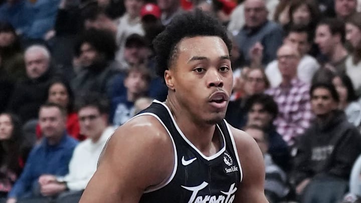 Toronto Raptors forward Scottie Barnes controls the ball against the Atlanta Hawks.