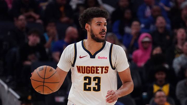 Feb 22, 2026; San Francisco, California, USA; Denver Nuggets forward Cameron Johnson (23) dribbles upcourt against the Golden State Warriors in the third quarter at Chase Center. Feb 22, 2026; San Francisco, California, USA; Denver Nuggets forward Cameron Johnson (23) dribbles upcourt against the Golden State Warriors in the third quarter at Chase Center.
