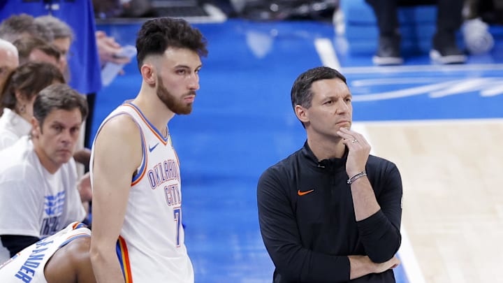 Jun 16, 2025; Oklahoma City, Oklahoma, USA; Oklahoma City Thunder forward Chet Holmgren (7) and head coach Mark Daigneault during the fourth quarter against the Indiana Pacers in game five of the 2025 NBA Finals at Paycom Center. Mandatory Credit: Alonzo Adams-Imagn Images Jun 16, 2025; Oklahoma City, Oklahoma, USA; Oklahoma City Thunder forward Chet Holmgren (7) and head coach Mark Daigneault during the fourth quarter against the Indiana Pacers in game five of the 2025 NBA Finals at Paycom Center. Mandatory Credit: Alonzo Adams-Imagn Images