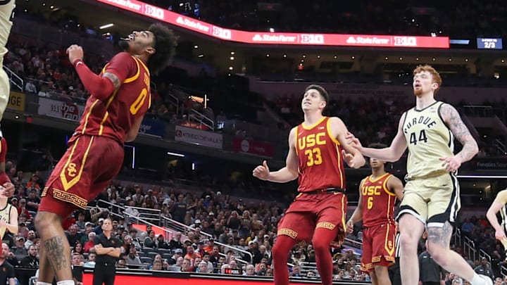 Purdue Boilermakers forward Camden Heide (23) catches a pass Thursday, March 13, 2025, during the Big Ten Men’s Basketball Tournament game against the USC Trojans at Gainbridge Fieldhouse in Indianapolis.