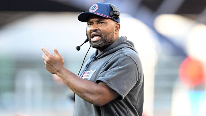 Oct 27, 2024; Foxborough, Massachusetts, USA; New England Patriots head coach Jerod Mayo calls a play against the New York Jets during the second half at Gillette Stadium. Mandatory Credit: Brian Fluharty-Imagn Images