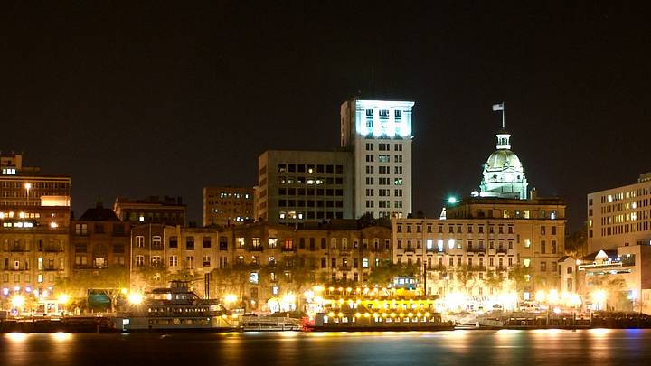 The beautiful Savannah river front lit at night The beautiful Savannah river front lit at night