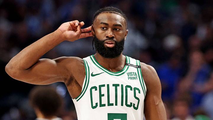 Jun 12, 2024; Dallas, Texas, USA; Boston Celtics guard Jaylen Brown (7) reacts to the crowd during the fourth quarter during game three of the 2024 NBA Finals against the Dallas Mavericks at American Airlines Center. Mandatory Credit: Kevin Jairaj-USA TODAY Sports