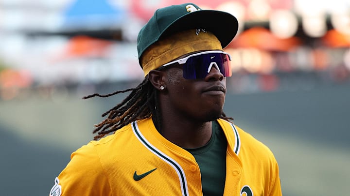 Aug 8, 2025; Baltimore, Maryland, USA; Athletics outfielder Lawrence Butler (4) looks on before a game against the Baltimore Orioles at Oriole Park at Camden Yards. Mandatory Credit: Daniel Kucin Jr.-Imagn Images