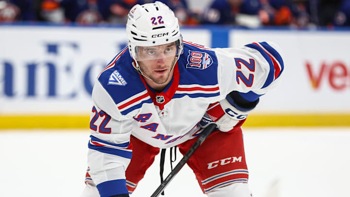 Dec 27, 2025; Elmont, New York, USA;  New York Rangers center Jonny Brodzinski (22) at UBS Arena. Mandatory Credit: Wendell Cruz-Imagn Images