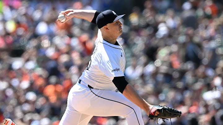 Apr 27, 2025; Detroit, Michigan, USA;  Detroit Tigers starting pitcher Tarik Skubal (29) throws a pitch against the Baltimore Orioles in the second inning at Comerica Park. 