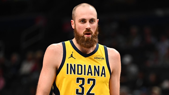 Feb 19, 2026; Washington, District of Columbia, USA; Indiana Pacers center Jay Huff (32) looks on against the Washington Wizards during the first half at Capital One Arena. Mandatory Credit: Brad Mills-Imagn Images