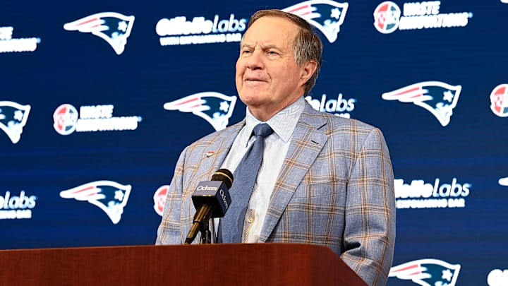 Jan 11, 2024; Foxborough, MA, USA; New England Patriots former head coach Bill Belichick holds a