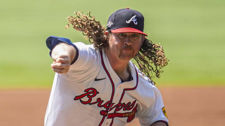 Jul 6, 2025; Cumberland, Georgia, USA; Atlanta Braves starting pitcher Grant Holmes (66) pitches against the Baltimore Orioles during the first inning at Truist Park. Mandatory Credit: Dale Zanine-Imagn Images