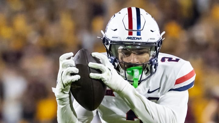 Arizona Wildcats defensive back Treydan Stukes (2) intercepts the ball against Arizona State. Arizona Wildcats defensive back Treydan Stukes (2) intercepts the ball against Arizona State.