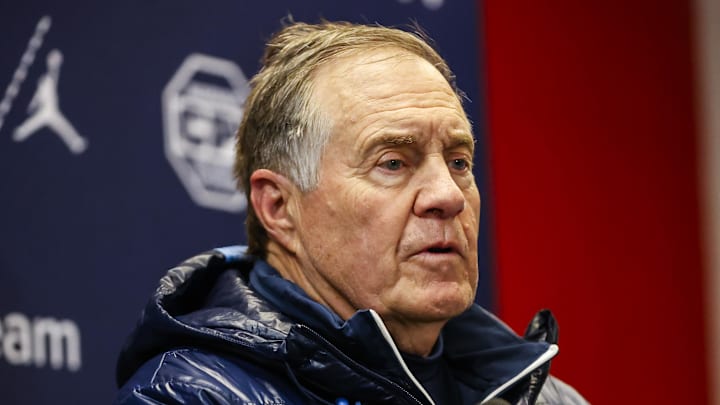 Nov 29, 2025; Raleigh, North Carolina, USA;  North Carolina Tar Heels head coach Bill Belichick addresses the media after the second half of the game against NC State Wolfpack at Carter-Finley Stadium.  Mandatory Credit: Jaylynn Nash-Imagn Images